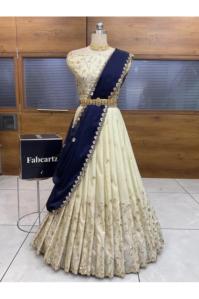Satyabhumi Women's Embroidered Half Saree with Blouse and Dupatta