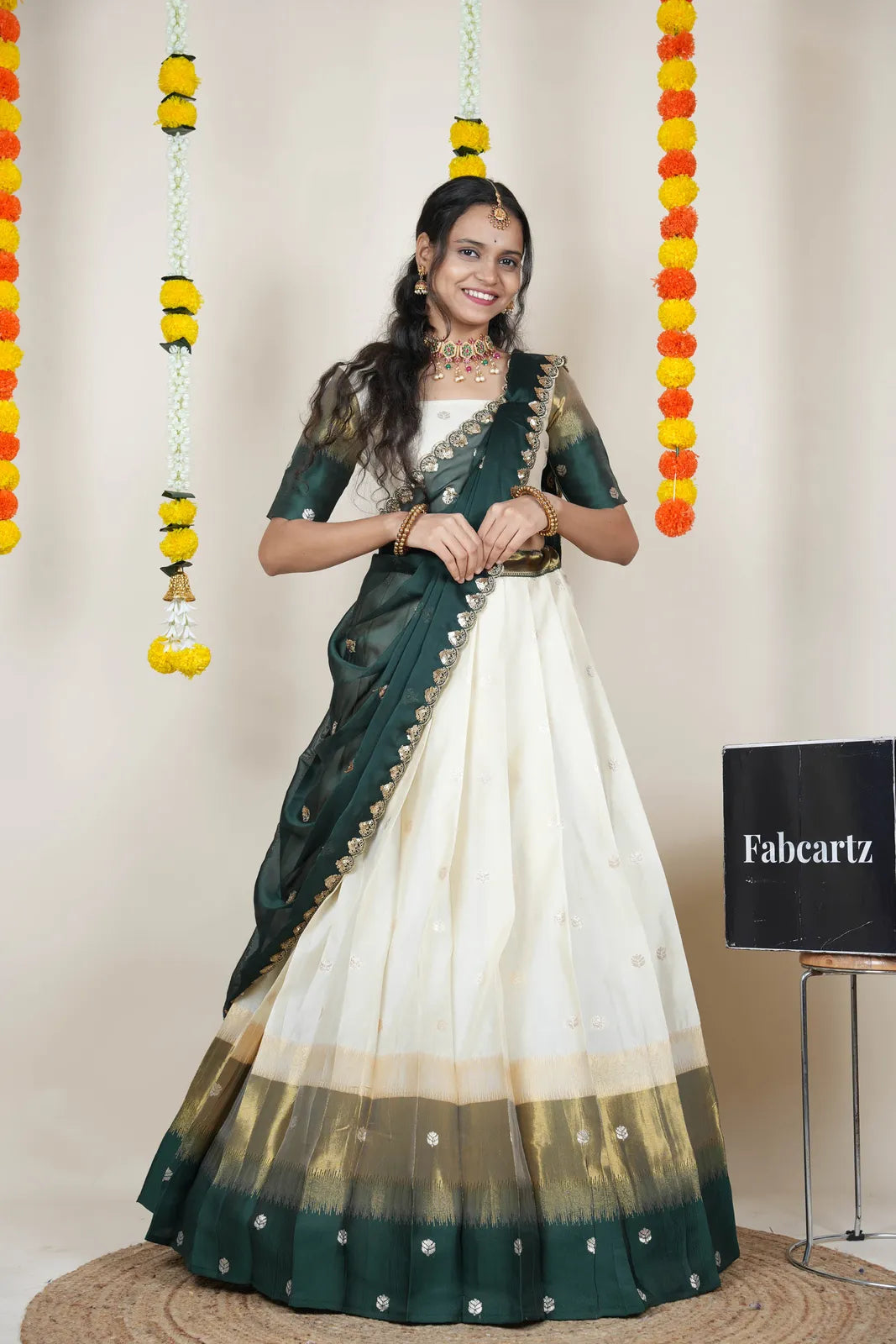 (Adhira) South Indian Festival Traditional Half Saree with Embroidered Blouse & Dupatta