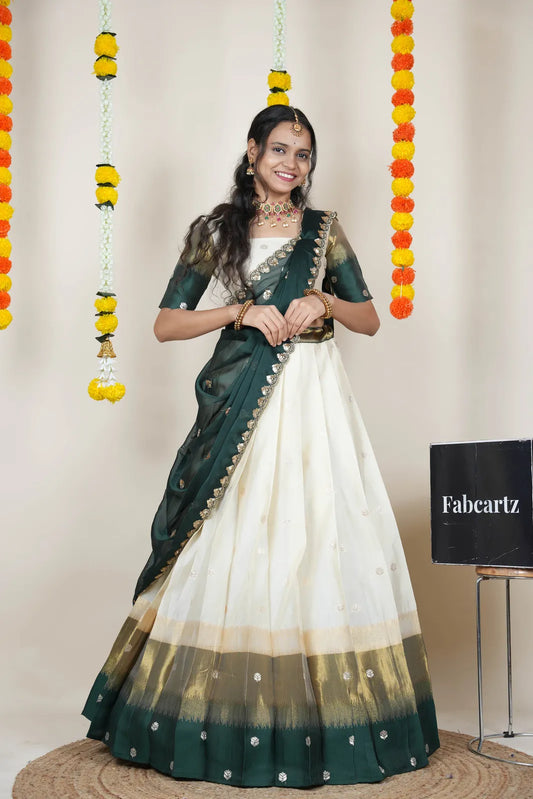 (Adhira) South Indian Festival Traditional Half Saree with Embroidered Blouse & Dupatta