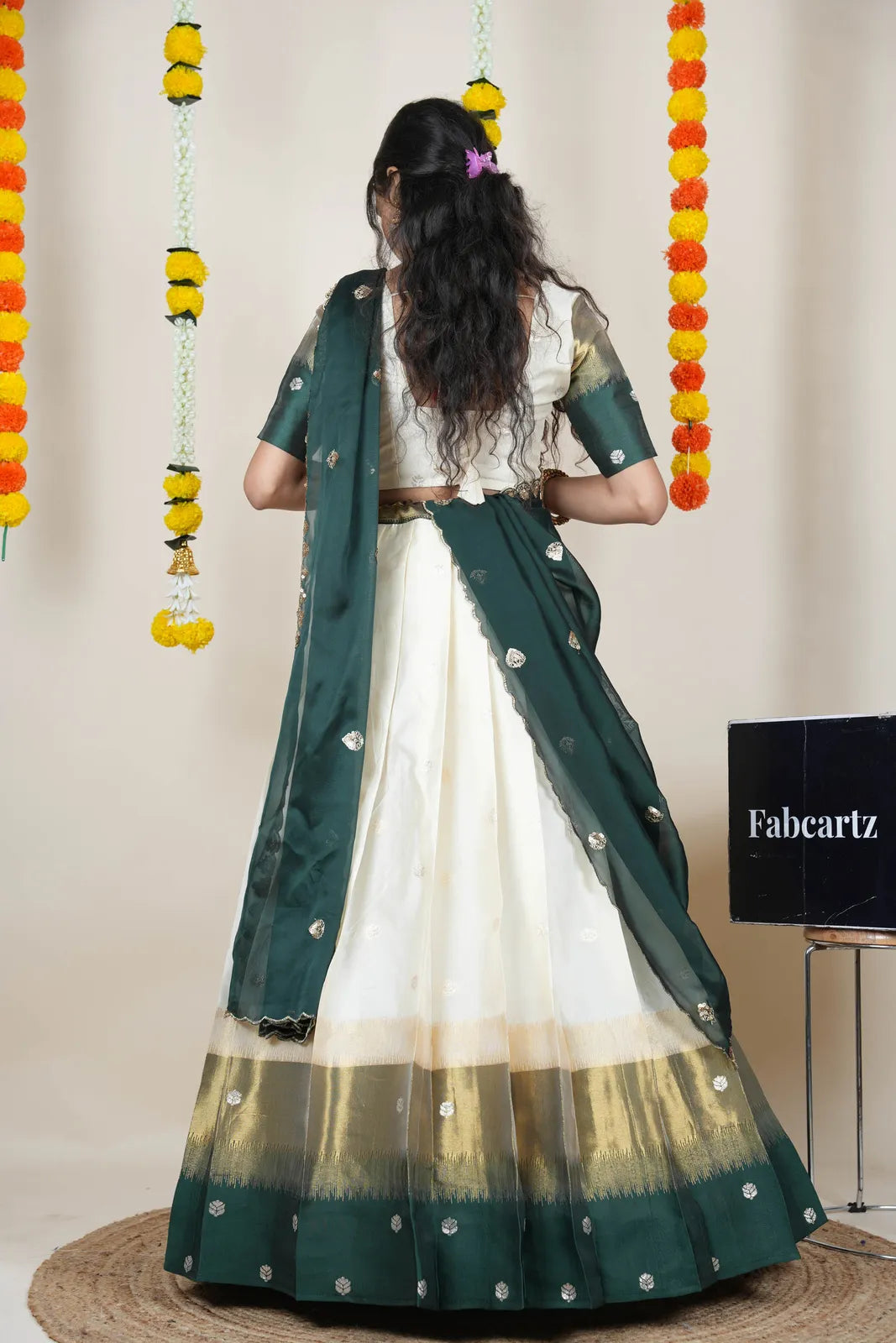 (Adhira) South Indian Festival Traditional Half Saree with Embroidered Blouse & Dupatta