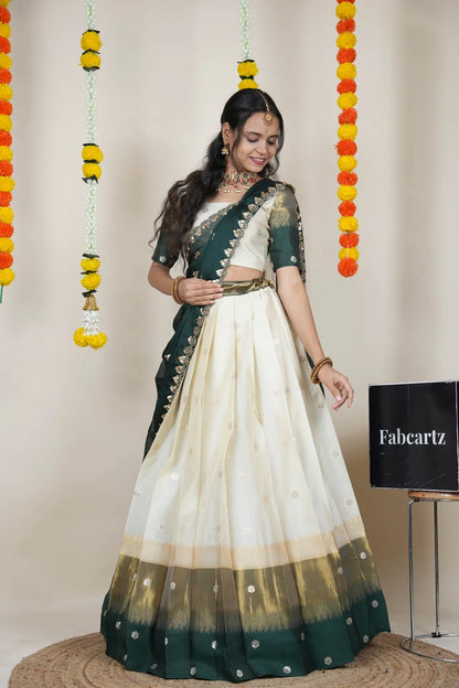 (Adhira) South Indian Festival Traditional Half Saree with Embroidered Blouse & Dupatta