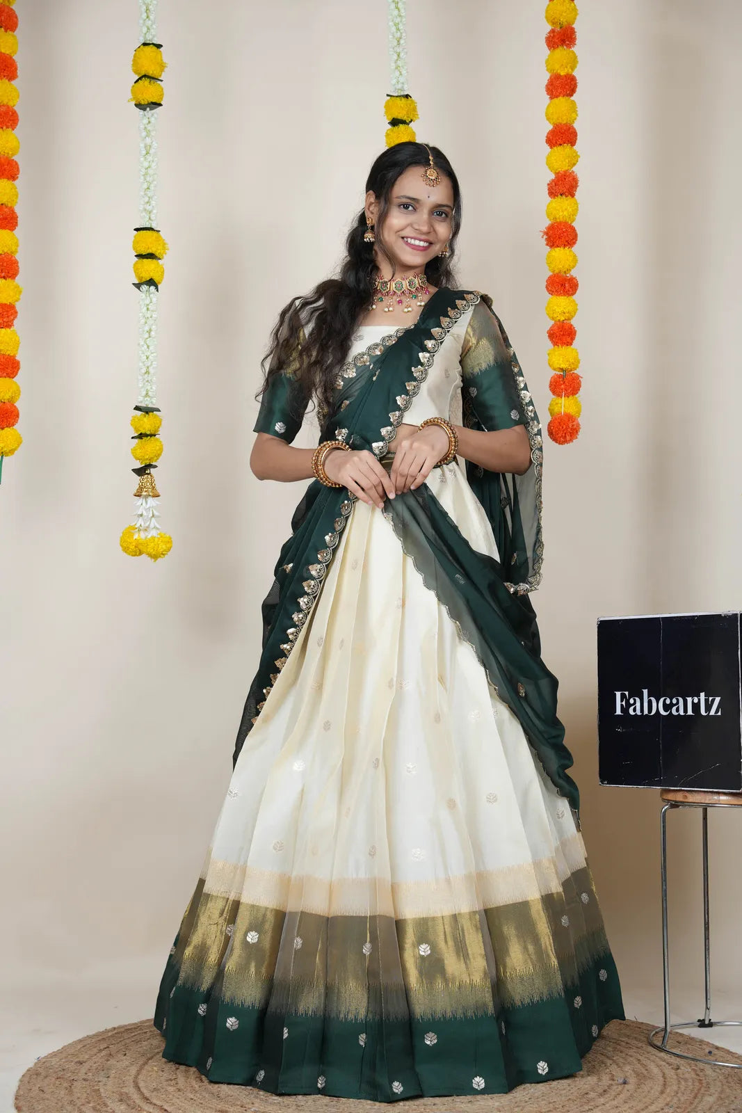 (Adhira) South Indian Festival Traditional Half Saree with Embroidered Blouse & Dupatta