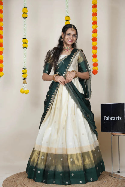 (Adhira) South Indian Festival Traditional Half Saree with Embroidered Blouse & Dupatta