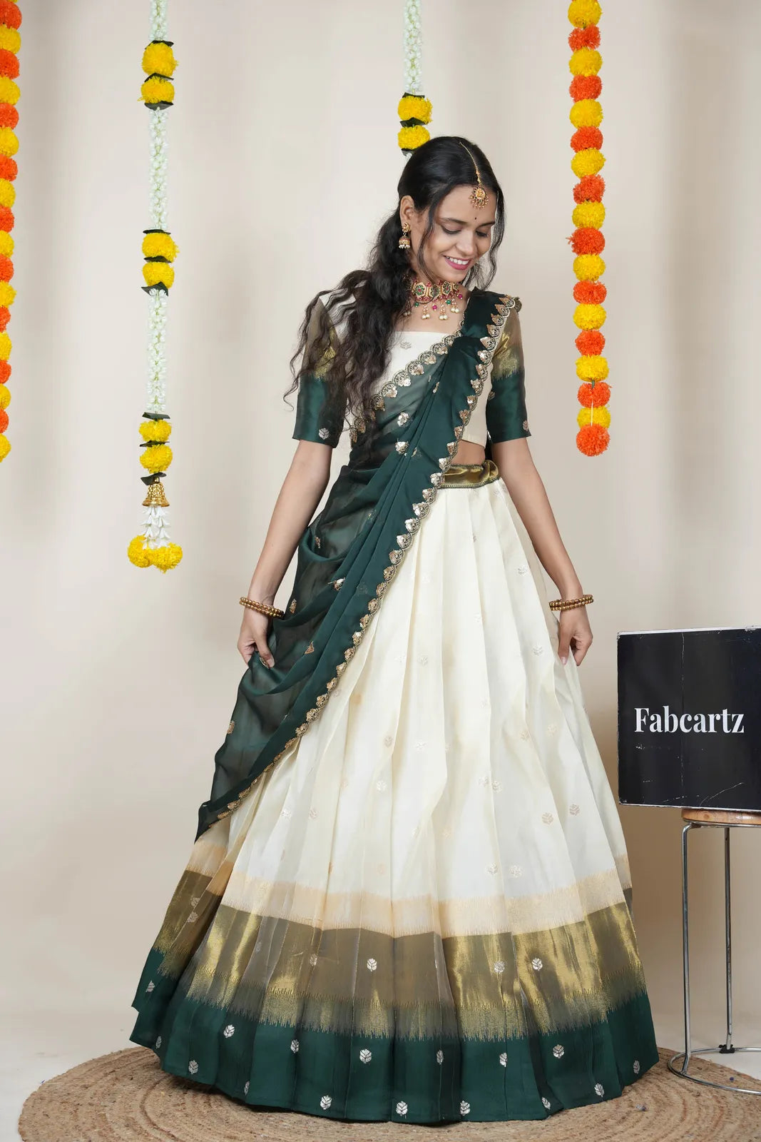 (Adhira) South Indian Festival Traditional Half Saree with Embroidered Blouse & Dupatta