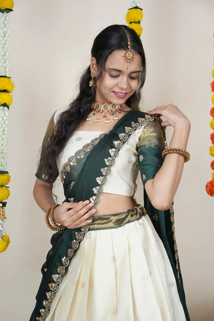 (Adhira) South Indian Festival Traditional Half Saree with Embroidered Blouse & Dupatta