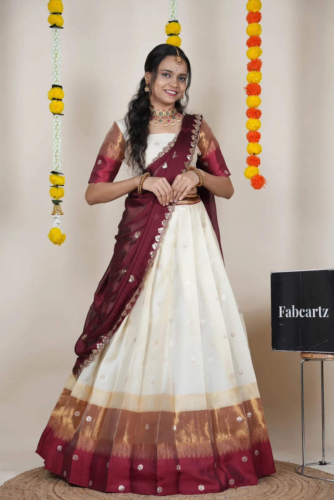 (Adhira) South Indian Festival Traditional Half Saree with Embroidered Blouse & Dupatta