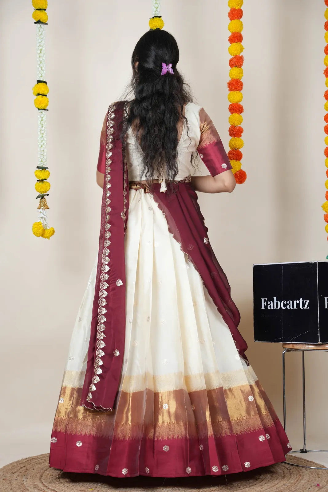 (Adhira) South Indian Festival Traditional Half Saree with Embroidered Blouse & Dupatta