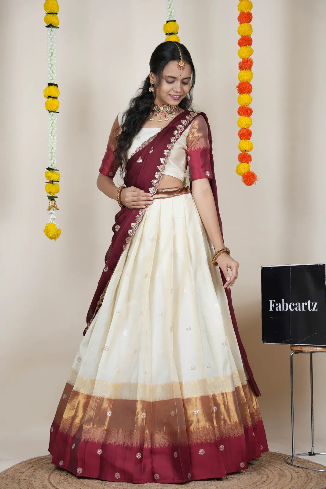 (Adhira) South Indian Festival Traditional Half Saree with Embroidered Blouse & Dupatta