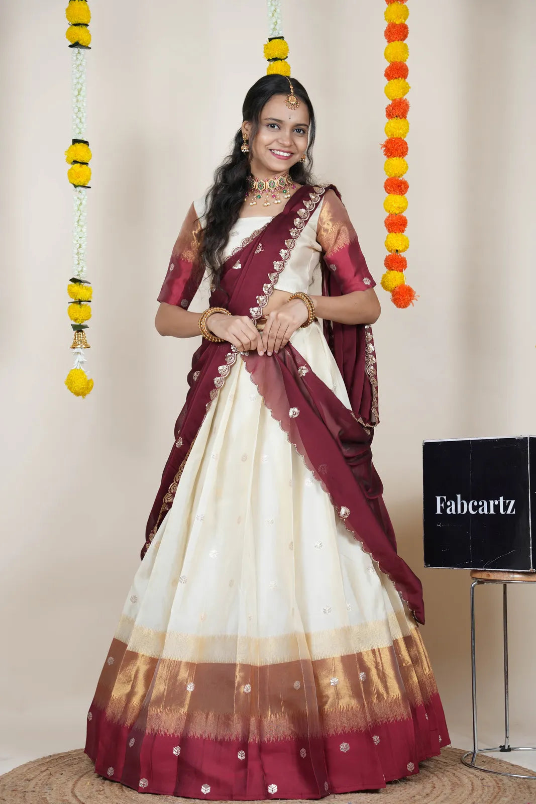 (Adhira) South Indian Festival Traditional Half Saree with Embroidered Blouse & Dupatta