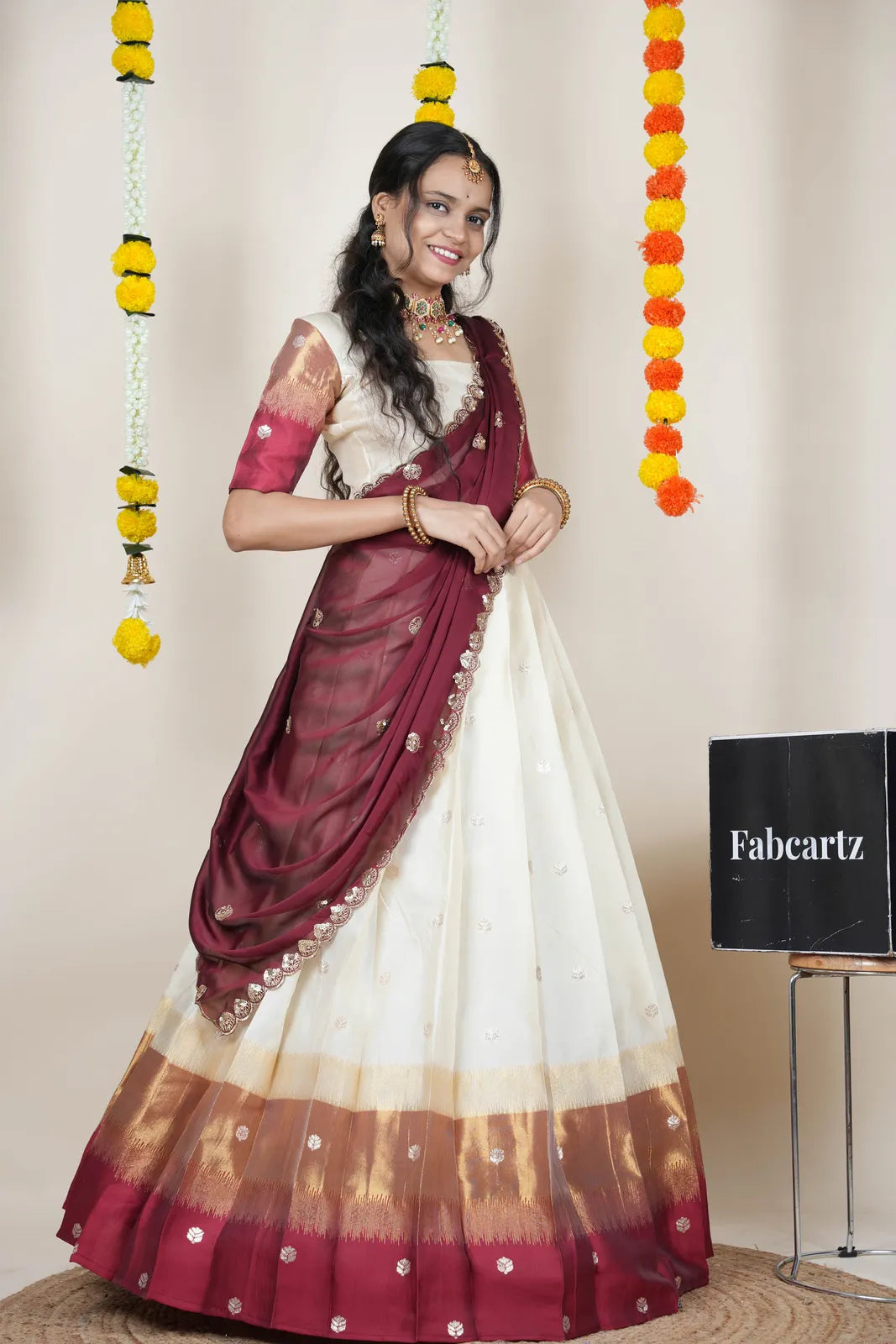(Adhira) South Indian Festival Traditional Half Saree with Embroidered Blouse & Dupatta