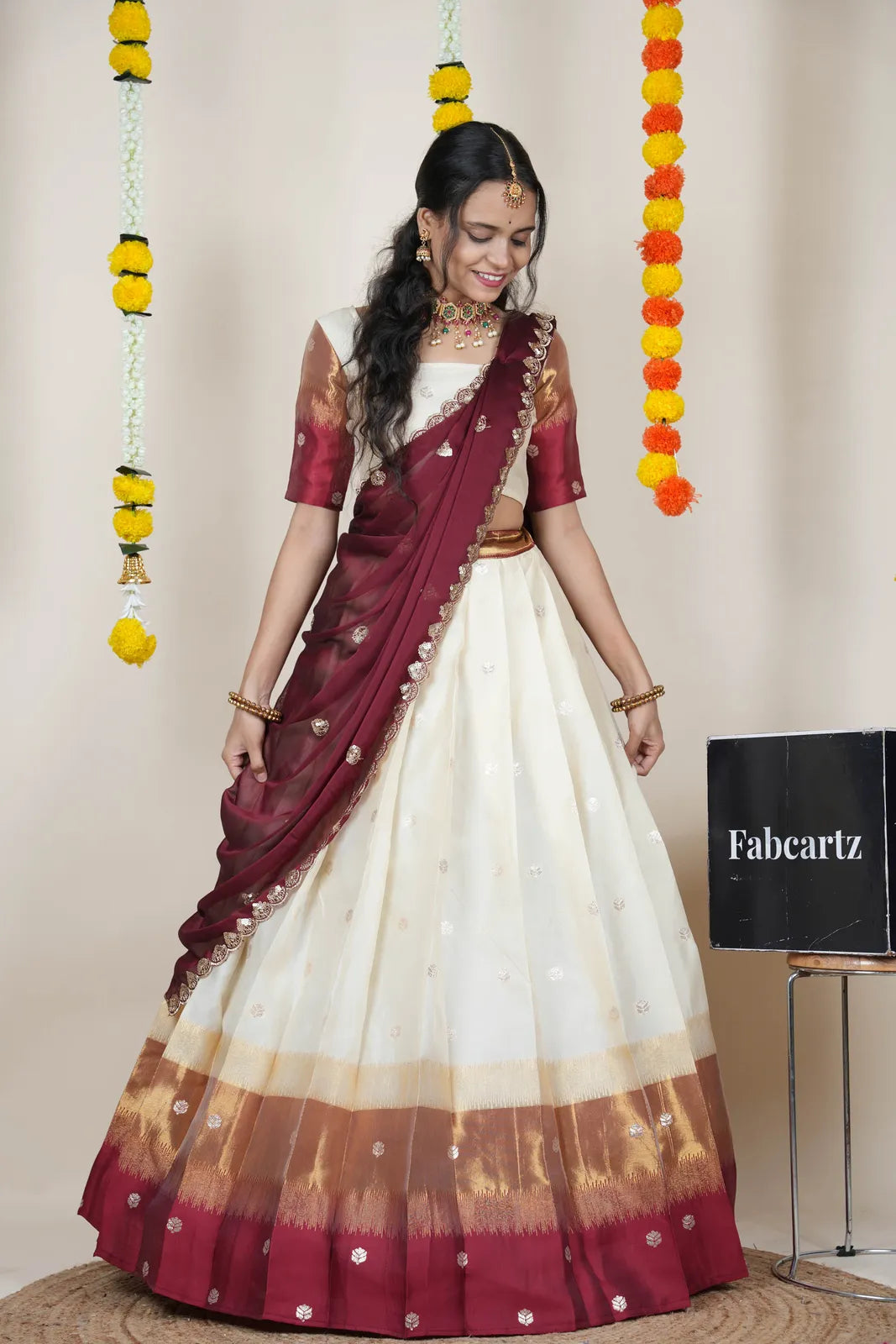 (Adhira) South Indian Festival Traditional Half Saree with Embroidered Blouse & Dupatta