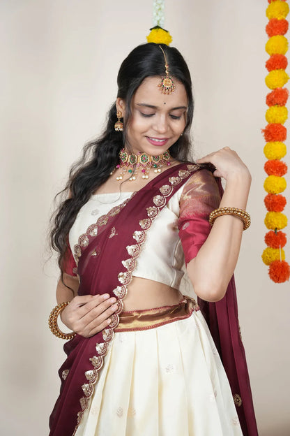 (Adhira) South Indian Festival Traditional Half Saree with Embroidered Blouse & Dupatta
