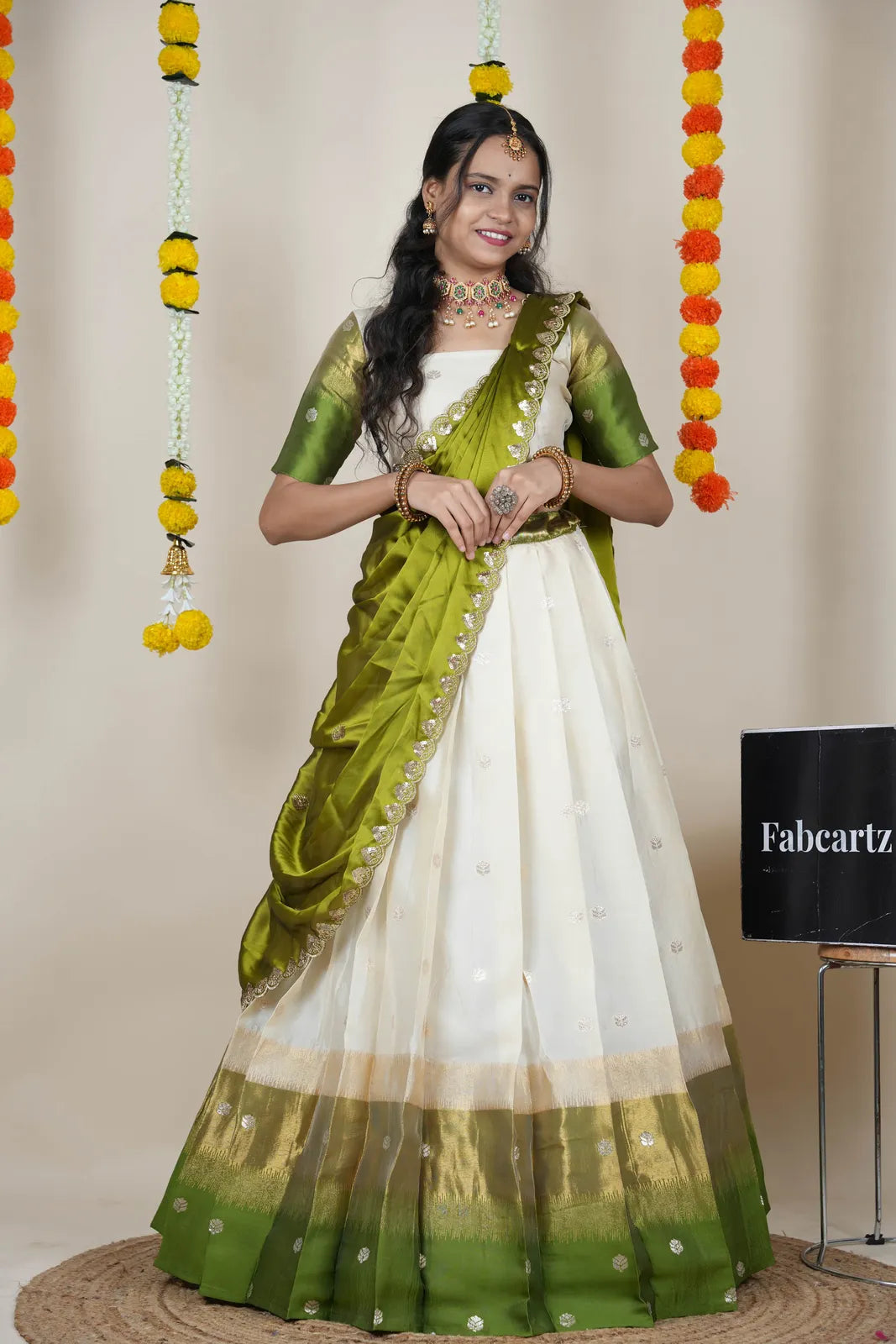 (Adhira) South Indian Festival Traditional Half Saree with Embroidered Blouse & Dupatta