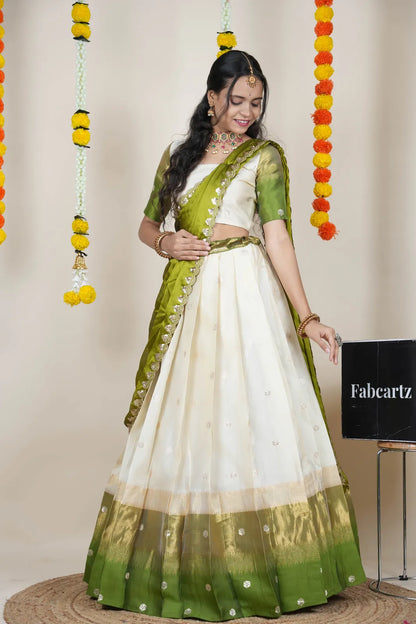 (Adhira) South Indian Festival Traditional Half Saree with Embroidered Blouse & Dupatta