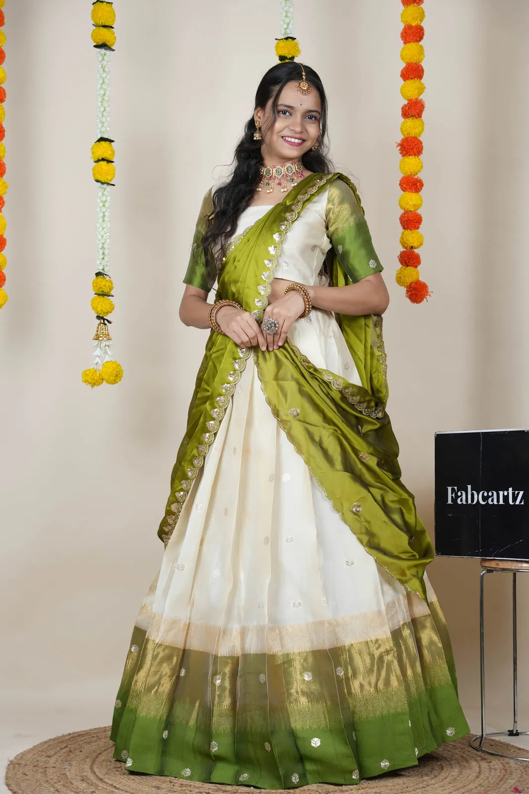 (Adhira) South Indian Festival Traditional Half Saree with Embroidered Blouse & Dupatta
