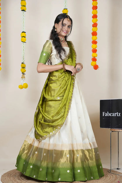 (Adhira) South Indian Festival Traditional Half Saree with Embroidered Blouse & Dupatta
