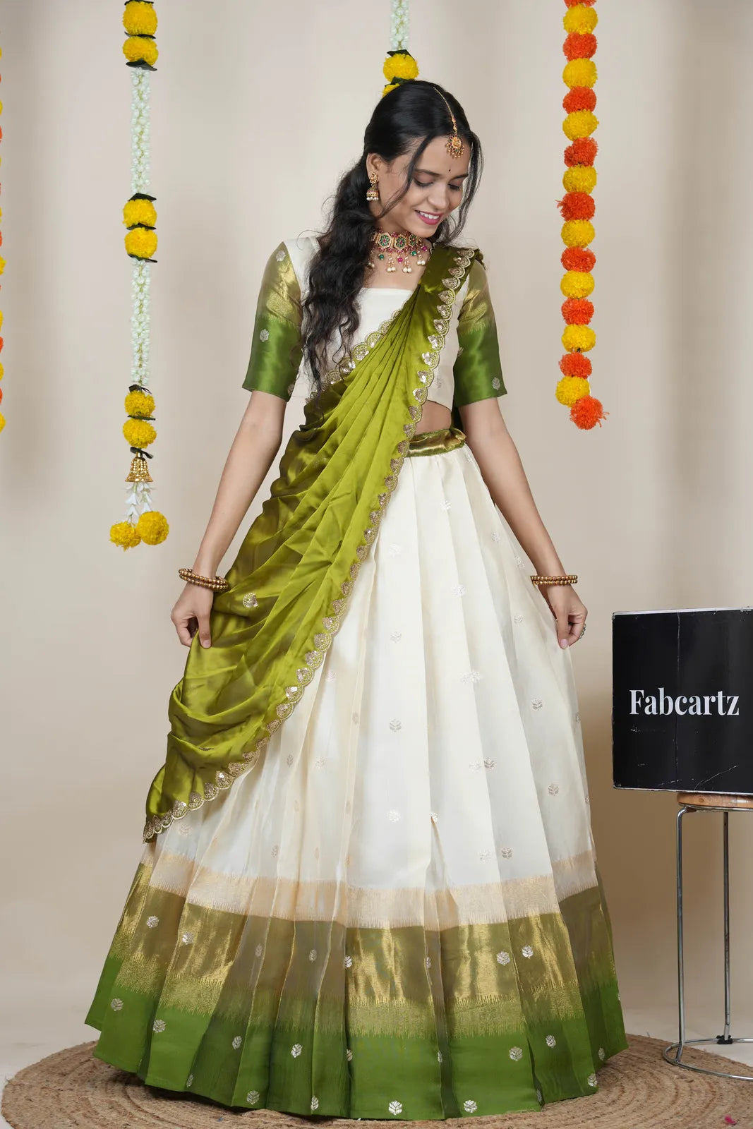 (Adhira) South Indian Festival Traditional Half Saree with Embroidered Blouse & Dupatta