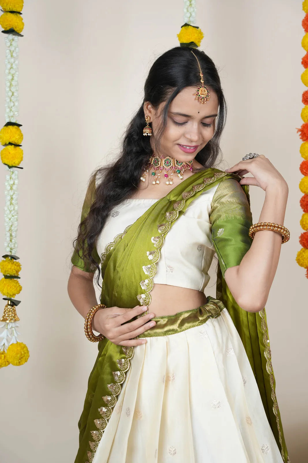 (Adhira) South Indian Festival Traditional Half Saree with Embroidered Blouse & Dupatta