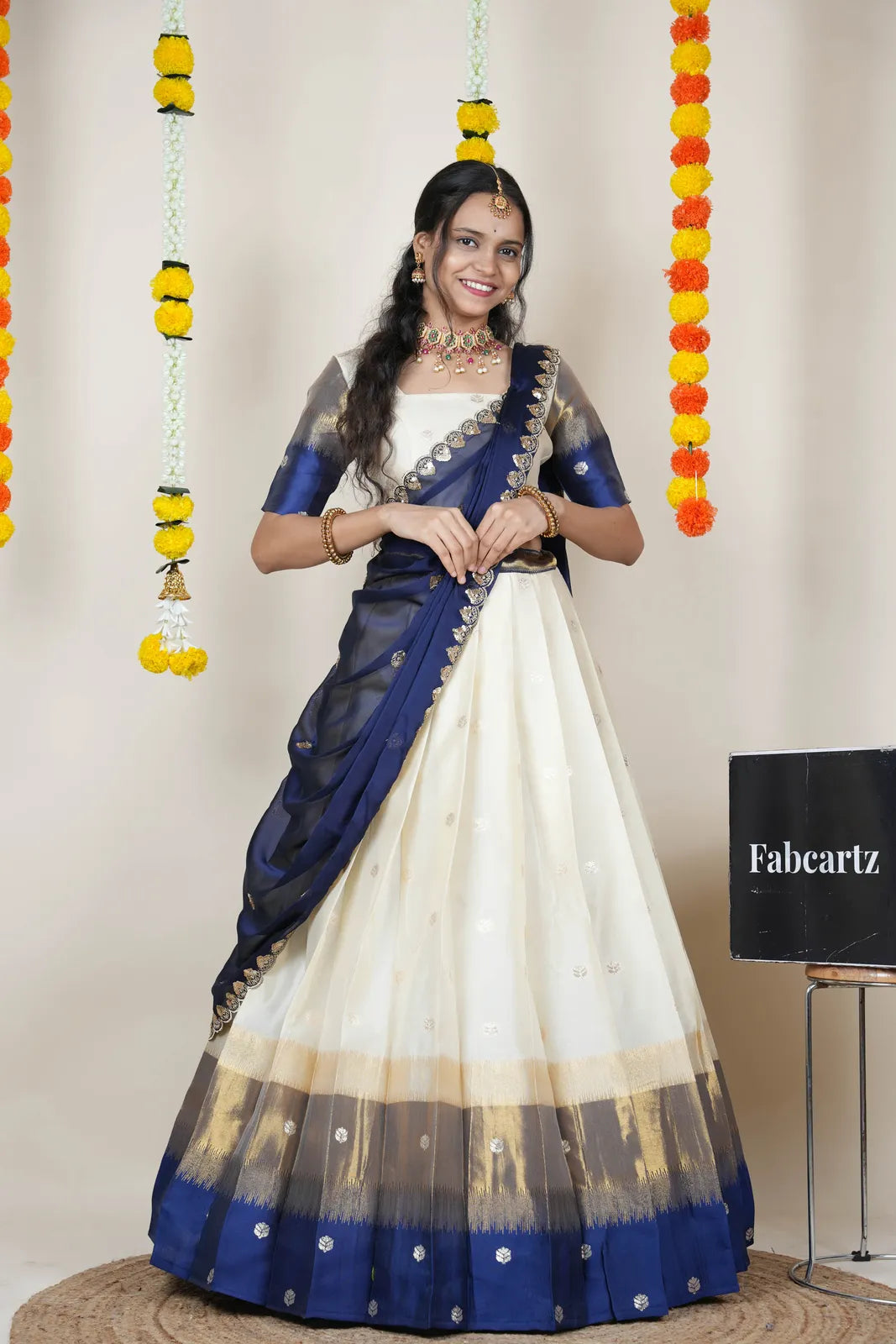 (Adhira) South Indian Festival Traditional Half Saree with Embroidered Blouse & Dupatta