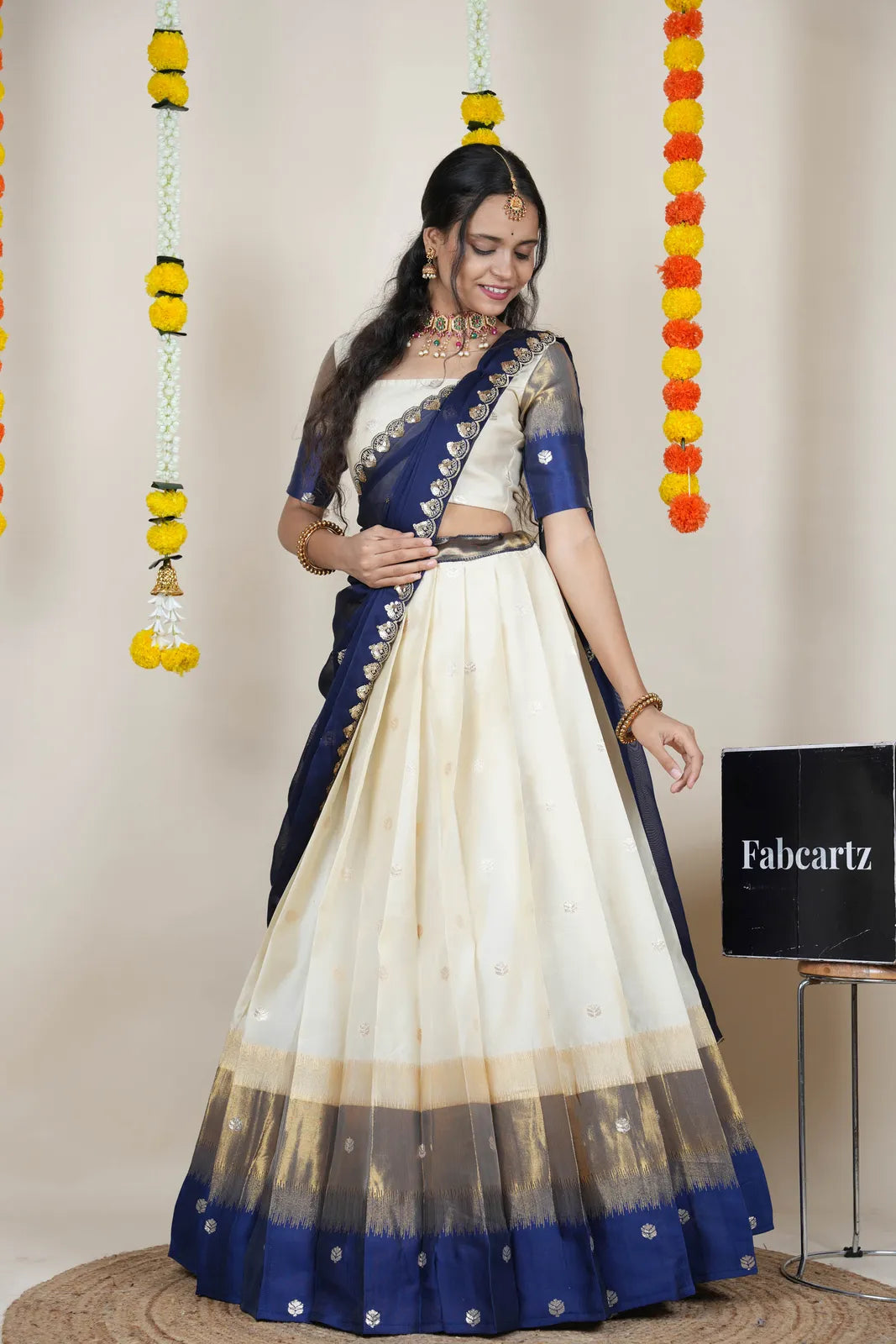 (Adhira) South Indian Festival Traditional Half Saree with Embroidered Blouse & Dupatta