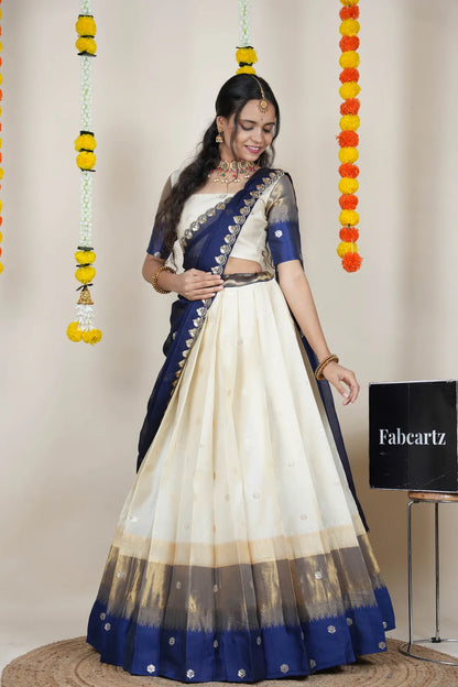 (Adhira) South Indian Festival Traditional Half Saree with Embroidered Blouse & Dupatta