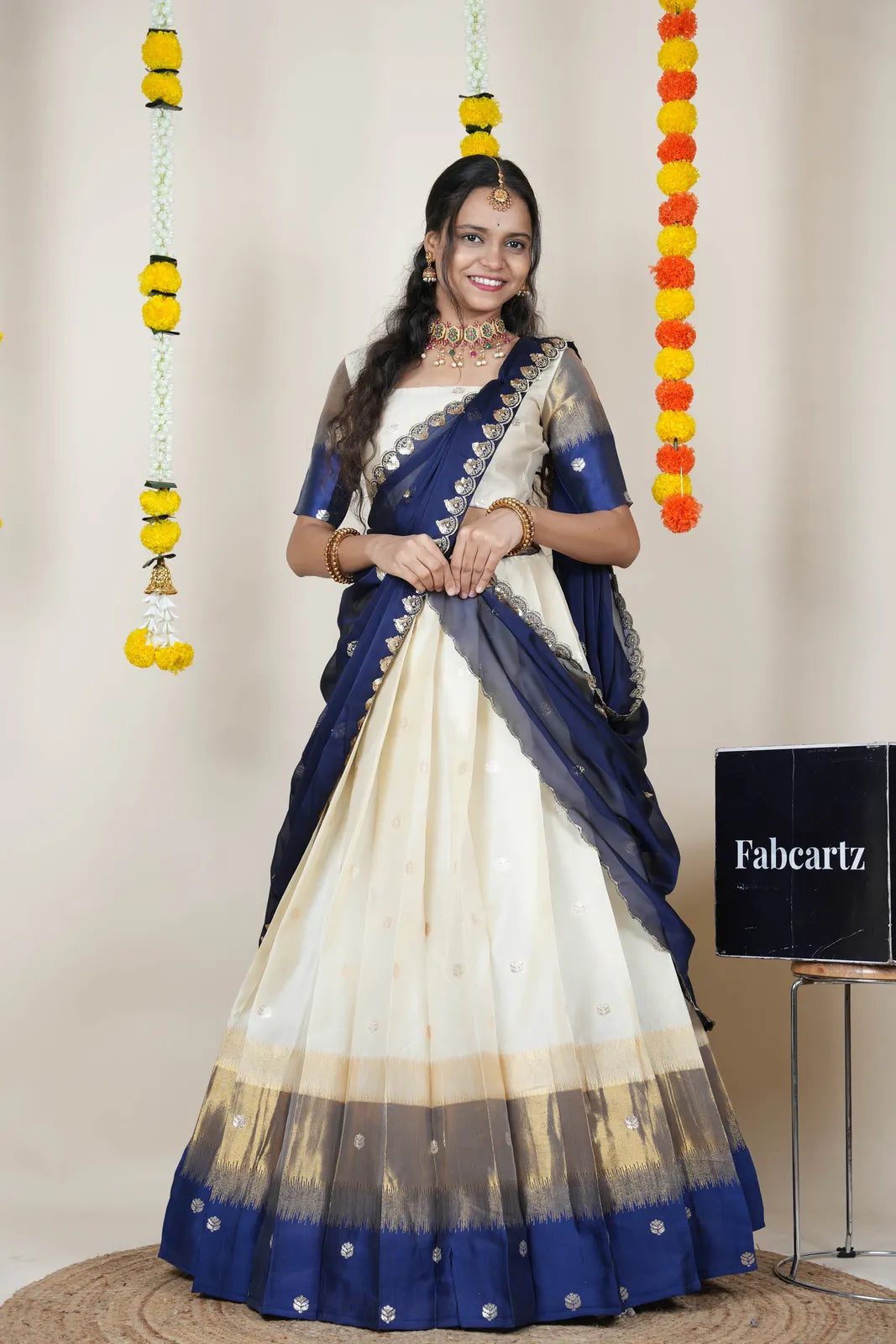 (Adhira) South Indian Festival Traditional Half Saree with Embroidered Blouse & Dupatta