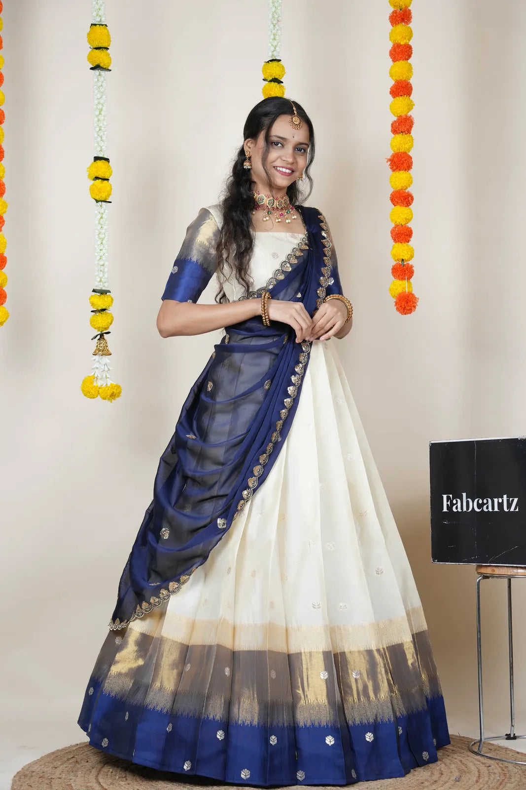 (Adhira) South Indian Festival Traditional Half Saree with Embroidered Blouse & Dupatta