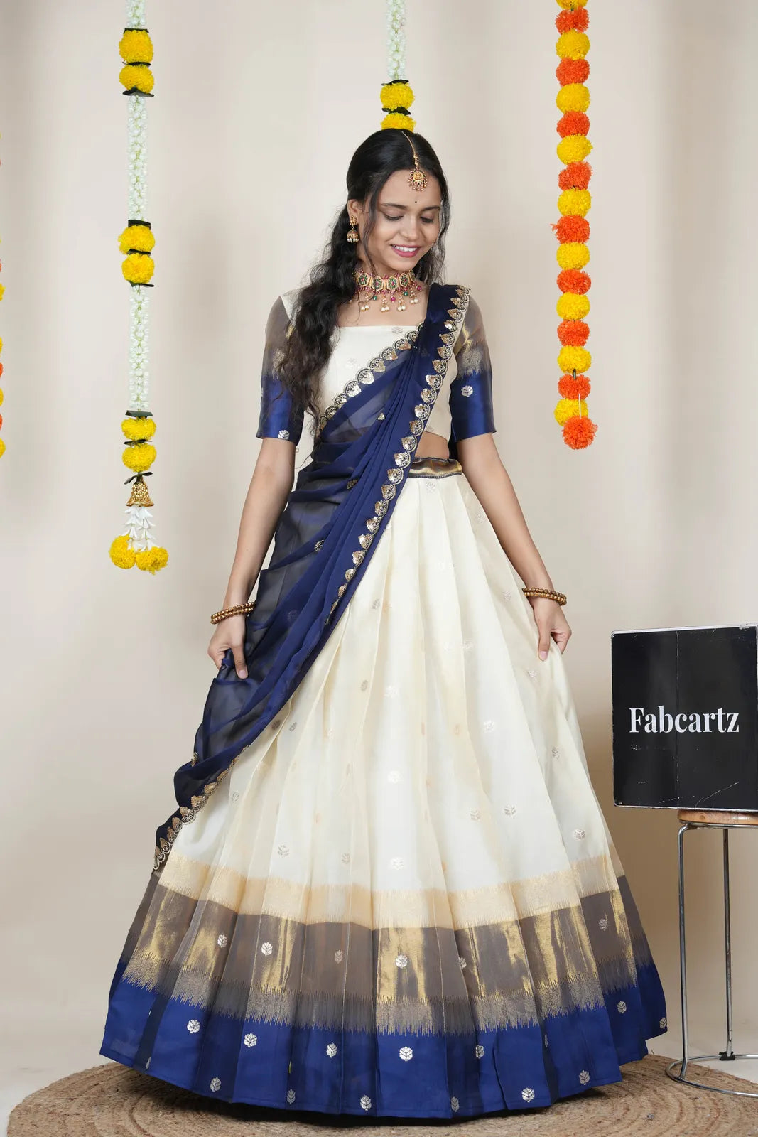 (Adhira) South Indian Festival Traditional Half Saree with Embroidered Blouse & Dupatta