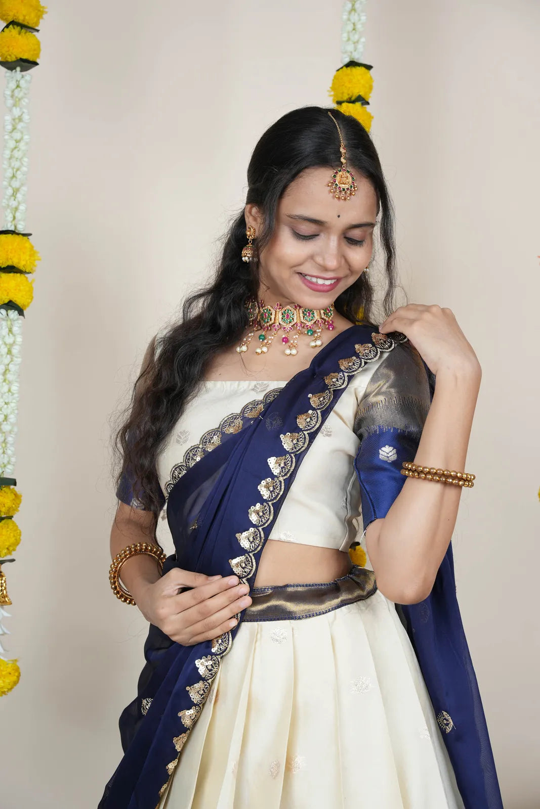 (Adhira) South Indian Festival Traditional Half Saree with Embroidered Blouse & Dupatta