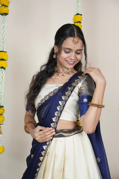 (Adhira) South Indian Festival Traditional Half Saree with Embroidered Blouse & Dupatta