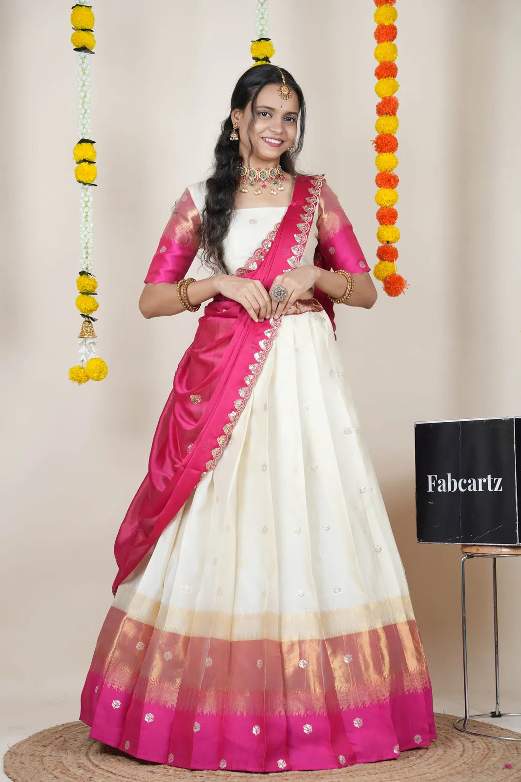 (Adhira) South Indian Festival Traditional Half Saree with Embroidered Blouse & Dupatta
