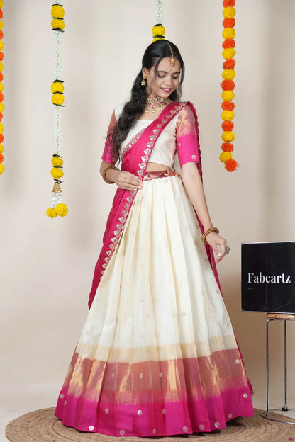 (Adhira) South Indian Festival Traditional Half Saree with Embroidered Blouse & Dupatta