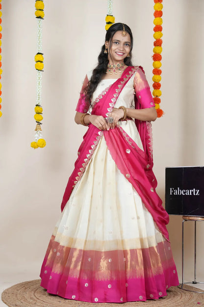 (Adhira) South Indian Festival Traditional Half Saree with Embroidered Blouse & Dupatta