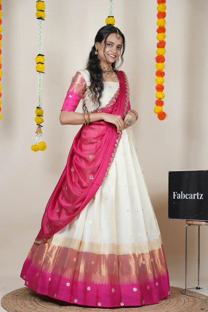 (Adhira) South Indian Festival Traditional Half Saree with Embroidered Blouse & Dupatta