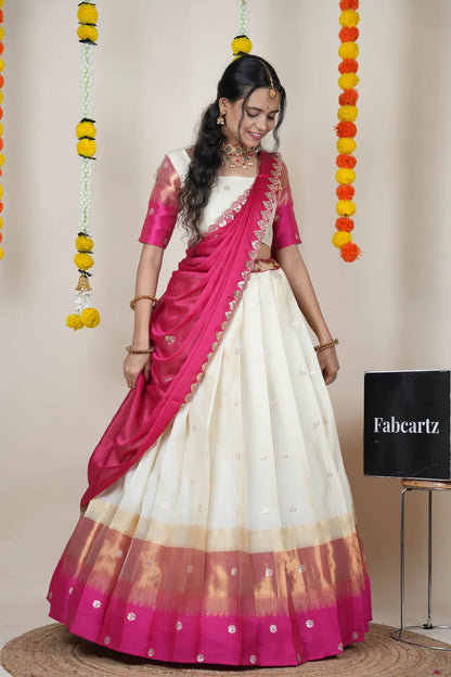 (Adhira) South Indian Festival Traditional Half Saree with Embroidered Blouse & Dupatta