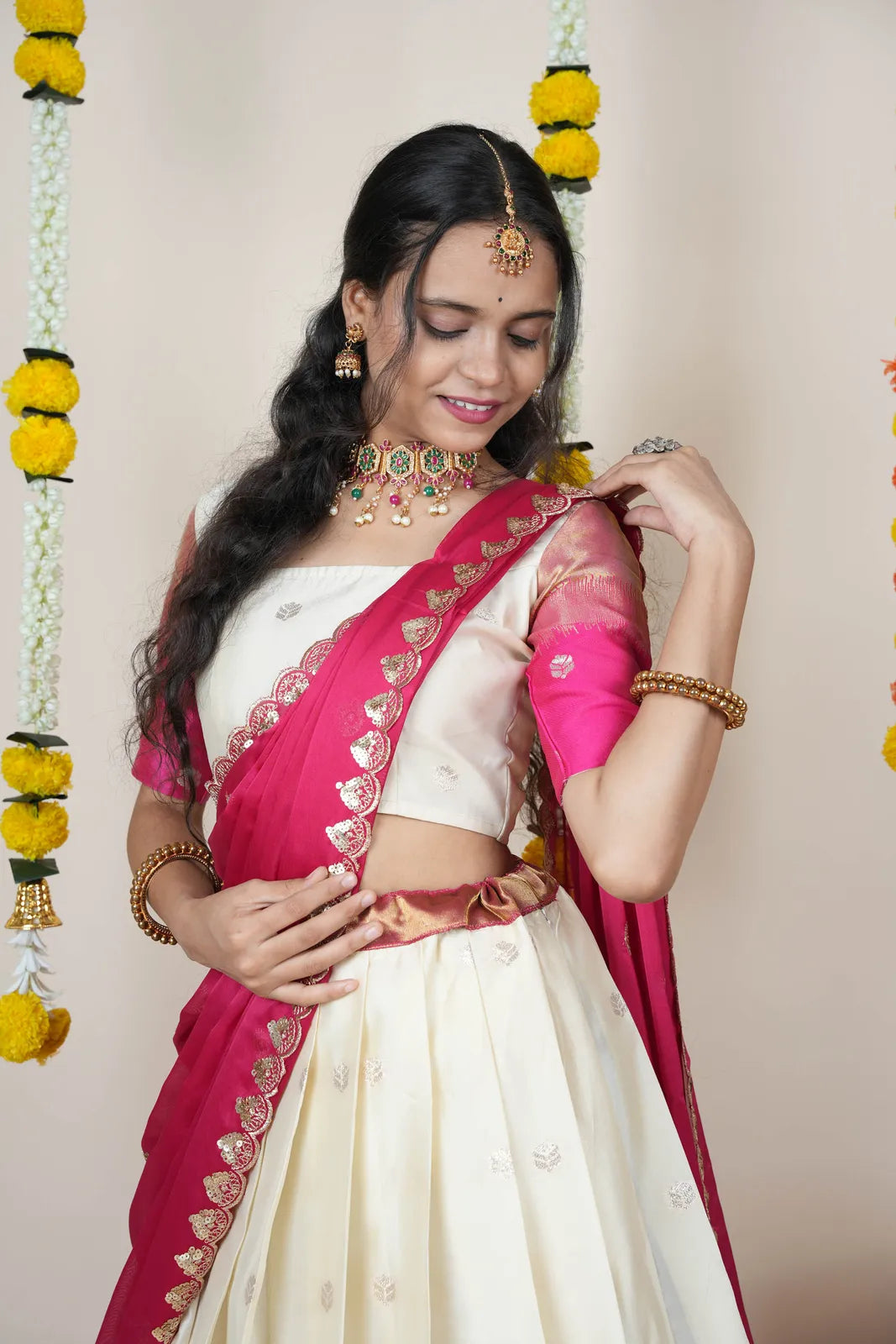 (Adhira) South Indian Festival Traditional Half Saree with Embroidered Blouse & Dupatta