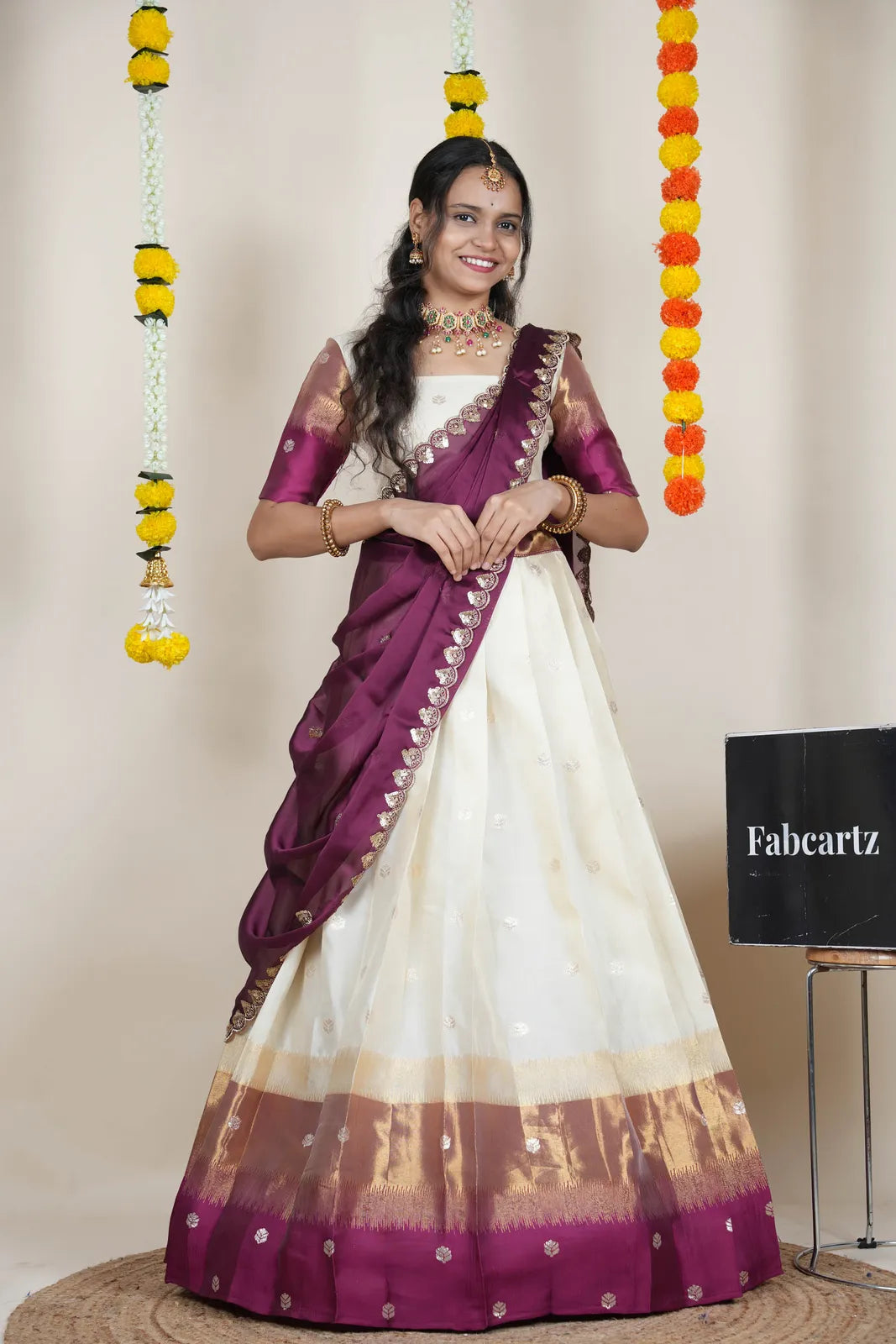 (Adhira) South Indian Festival Traditional Half Saree with Embroidered Blouse & Dupatta