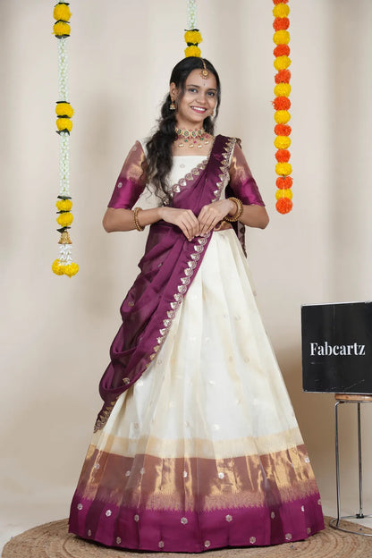 (Adhira) South Indian Festival Traditional Half Saree with Embroidered Blouse & Dupatta