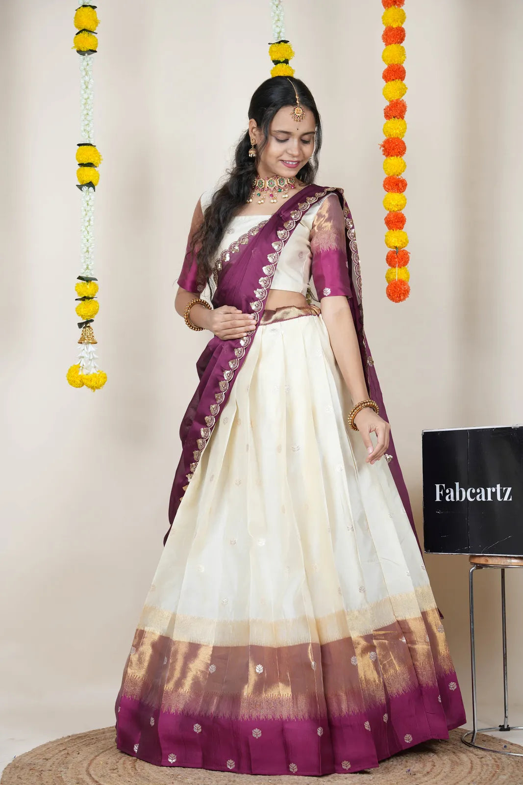 (Adhira) South Indian Festival Traditional Half Saree with Embroidered Blouse & Dupatta