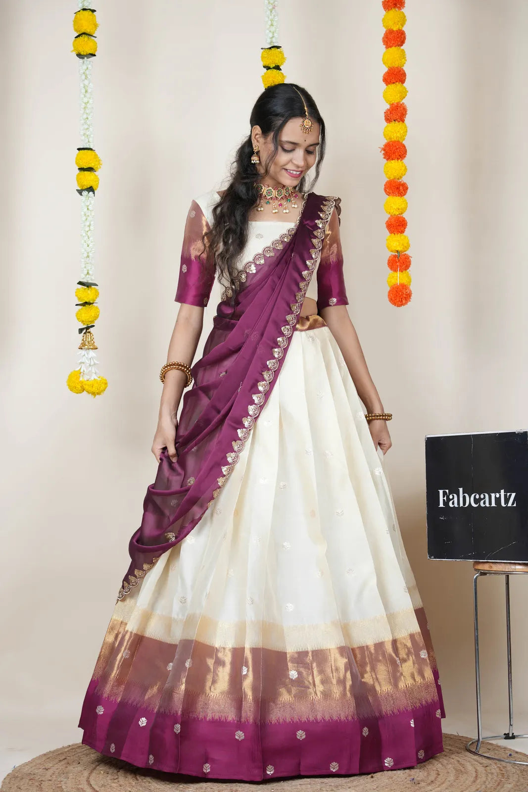 (Adhira) South Indian Festival Traditional Half Saree with Embroidered Blouse & Dupatta