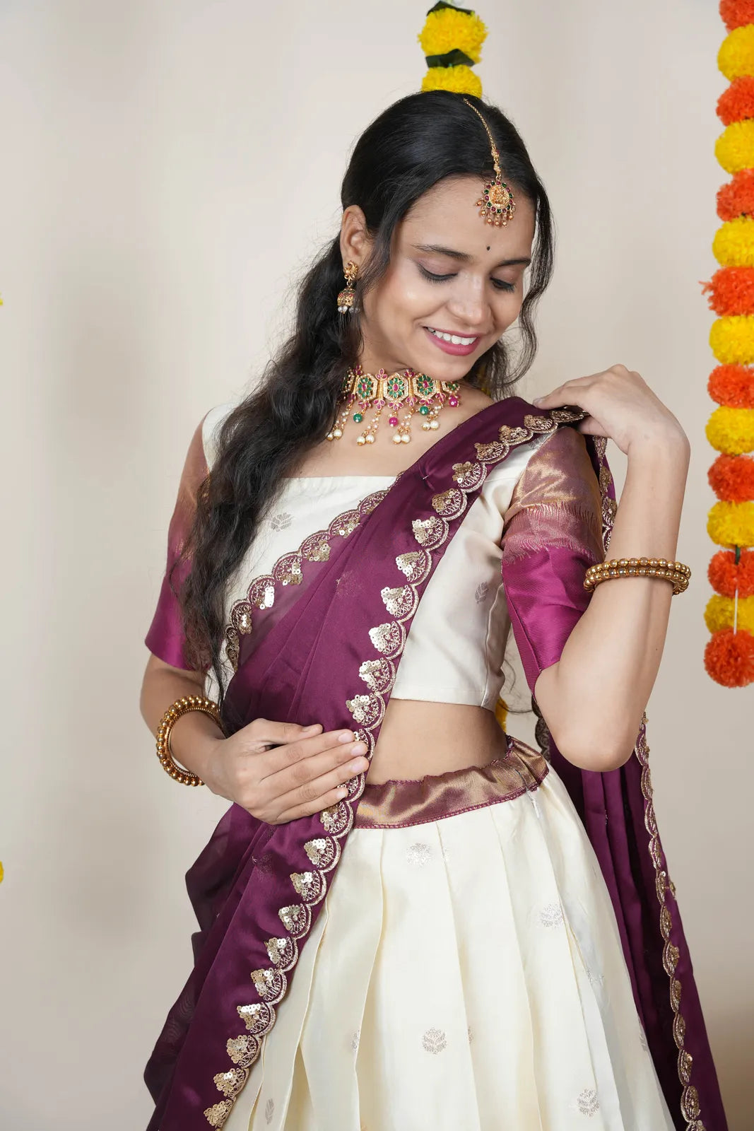 (Adhira) South Indian Festival Traditional Half Saree with Embroidered Blouse & Dupatta