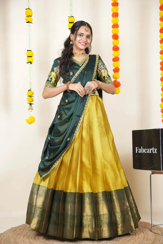 Amrutha South Indian Festival Traditional Half Saree with Embroidered Blouse & Dupatta