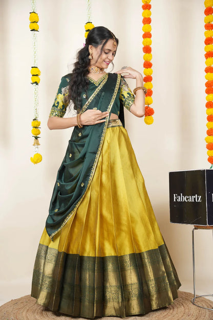 Amrutha South Indian Festival Traditional Half Saree with Embroidered Blouse & Dupatta