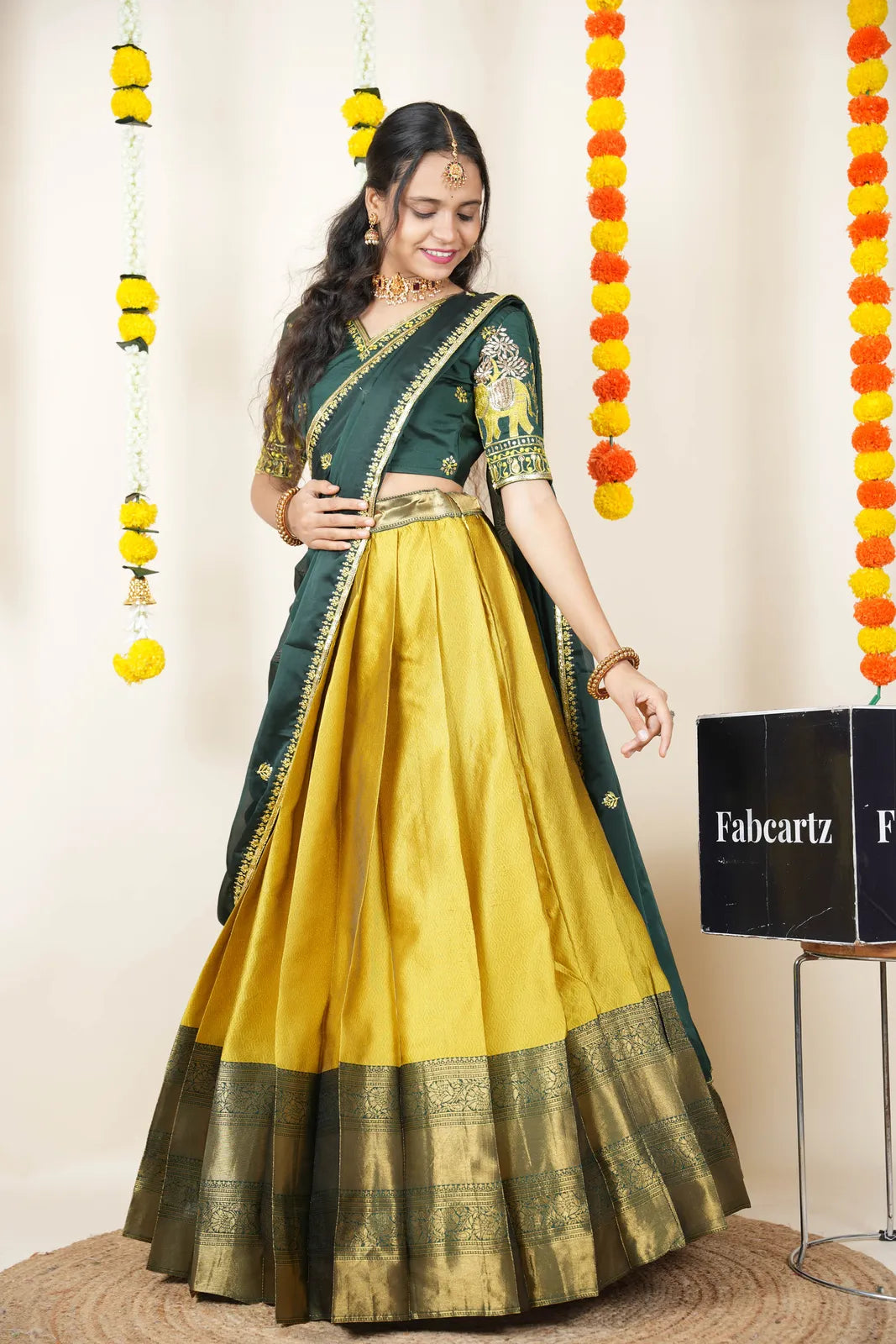 Amrutha South Indian Festival Traditional Half Saree with Embroidered Blouse & Dupatta