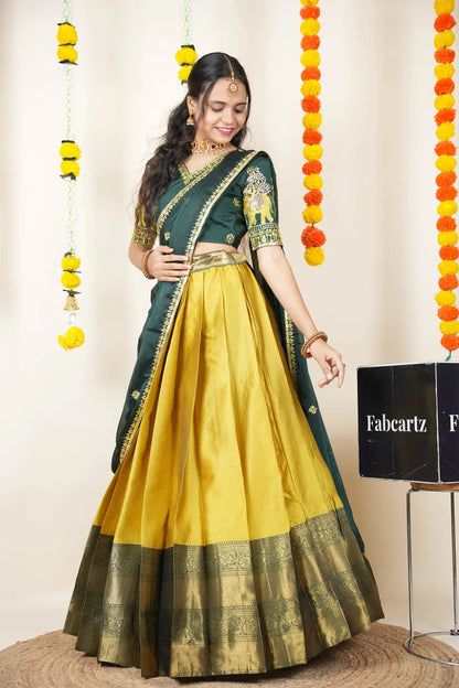Amrutha South Indian Festival Traditional Half Saree with Embroidered Blouse & Dupatta