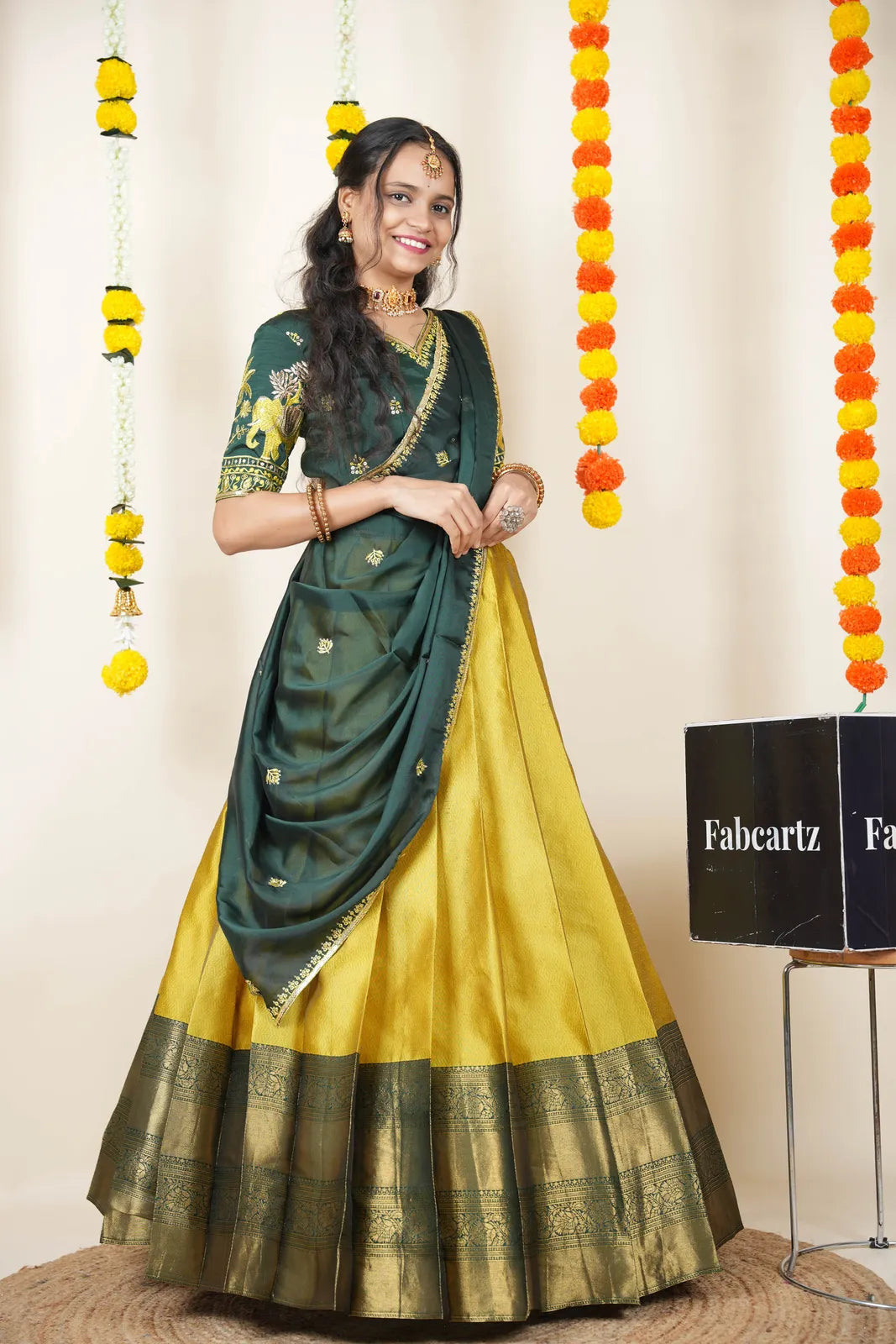 Amrutha South Indian Festival Traditional Half Saree with Embroidered Blouse & Dupatta