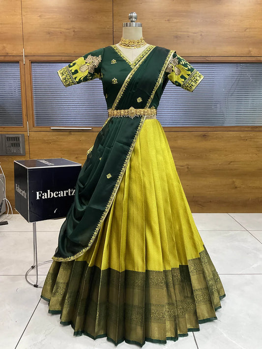 Amrutha South Indian Festival Traditional Half Saree with Embroidered Blouse & Dupatta