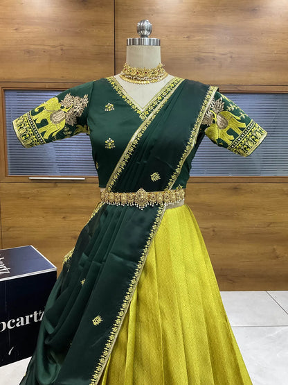 Amrutha South Indian Festival Traditional Half Saree with Embroidered Blouse & Dupatta