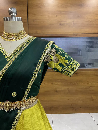 Amrutha South Indian Festival Traditional Half Saree with Embroidered Blouse & Dupatta