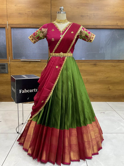 Amrutha South Indian Festival Traditional Half Saree with Embroidered Blouse & Dupatta